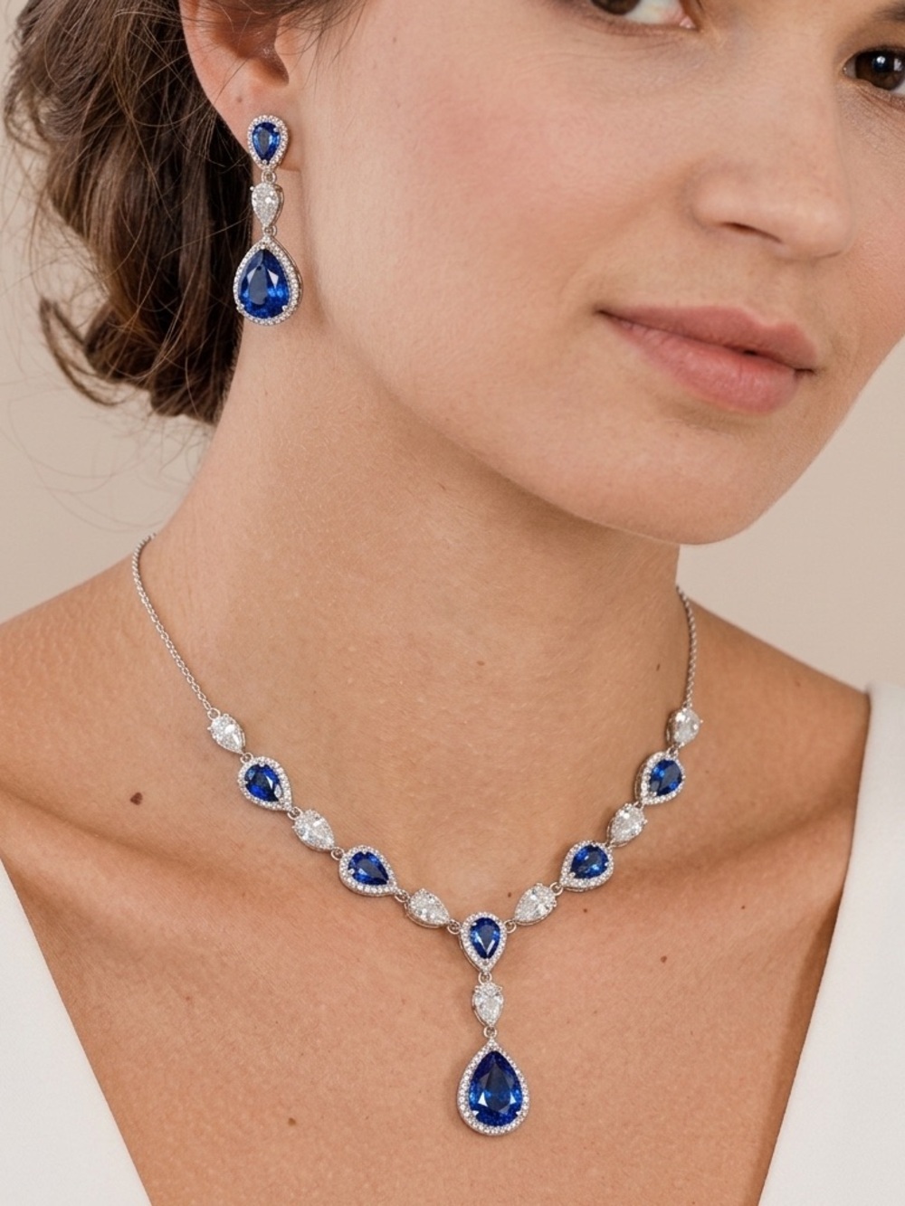 NIB!EleQueen Women Cubic Zirconia Teardrop Y-Necklaces Dangle Earrings Set